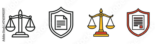 Vector art of justice and legal protection scales of justice and a shield with document representing law and security on transparent background