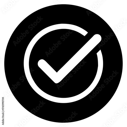 Vector art of black circular icon with a white checkmark inside, symbolizing confirmation or completion