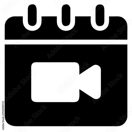 Vector art of a black and white icon representing a calendar with a video camera symbol on it, suggesting a video event or appointment