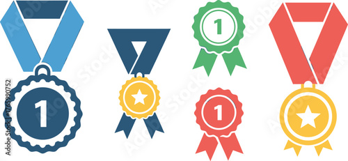 Collection of Flat Design Award Medals with Ribbons and Number One Insignia first place winner
