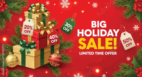 Vector illustration of big holiday sale with gift boxes and discount tags, limited time offer, festive christmas decorations, festive background with snowflakes and holly