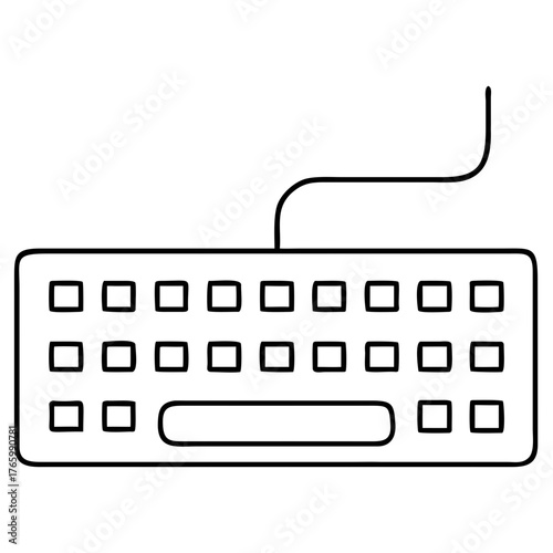 Vector art of simple line art of a computer keyboard with a cord, representing input devices and typing
