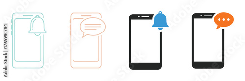 Vector art of illustrations of mobile phones displaying notifications, , including message bubbles and bell icons for alerts and communication on transparent background