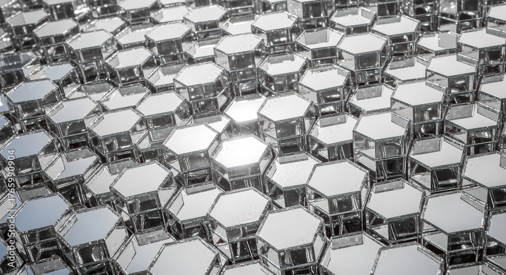 Obraz premium Geometric hexagonal mirror pattern with reflective surfaces and light play