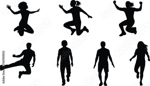 Silhouette people jumping and walking poses, energetic human motion, active lifestyle concept, fitness movement illustration, vector man and woman activity design