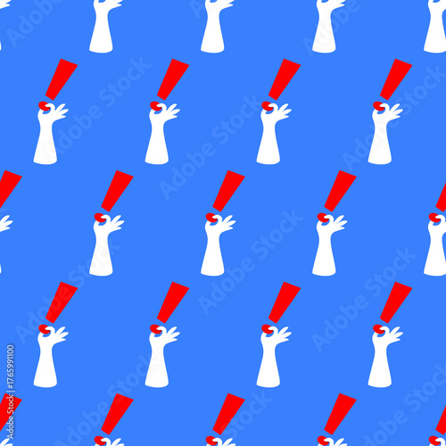 Seamless Pattern of White Hands Holding Red Exclamation Marks on Blue