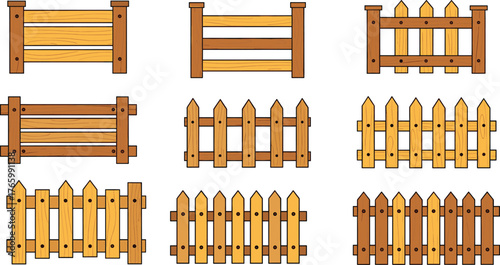 Collection of nine cartoon wooden fence illustrations with varying designs and colors Keywords: fence, wooden fence, garden fence, picket fence, boundary, barrier, outdoor, agriculture, farm