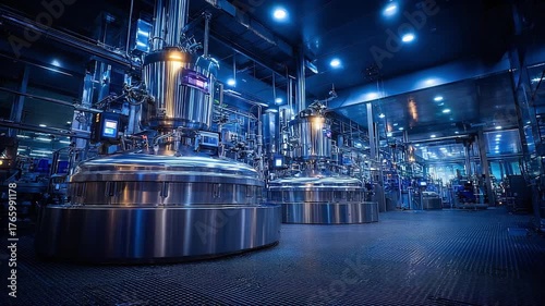 A modern stainless-steel industrial facility with large fermentation tanks and interconnected piping.