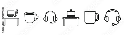 Vector art of workspace essentials a desk with computer, coffee mug, and headset for remote work and online communication setup on transparent background