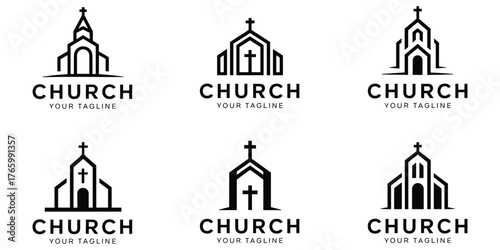 Set of six stylized church icons and logos with christian cross motifs scalable vector graphics