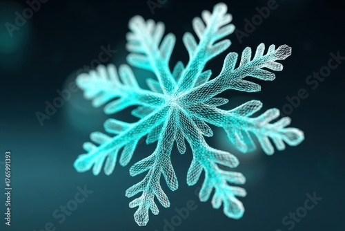 Glowing neon cyan snowflake wireframe illustration with intricate details, showcasing a stunning design against a dark background, perfect for winter-themed projects and digital art