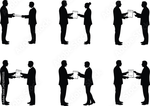 Business document exchange silhouette, certificate handover scene, professional interaction concept, formal agreement illustration, black vector for recognition and communication
