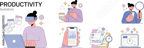 Business productivity and time management concept, people using technology for work efficiency, task organization, data analysis, performance tracking, flat vector illustration
