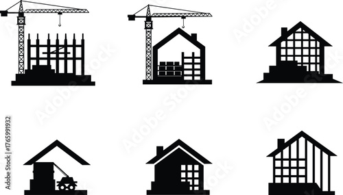 House construction stages, cranes, building silhouettes, architecture, engineering, scaffolding, framework, project, machinery, workers, industry, development