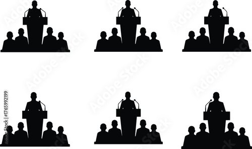 Public speaking silhouette, presenter at podium with audience, leadership communication concept, conference scene, black vector illustration for education