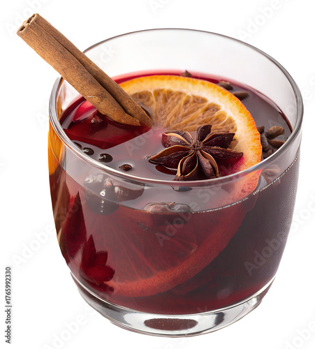 A glass of mulled wine garnished with an orange slice and a cinnamon stick, placed on a transparent background. The wine has a rich ruby hue with visible spices like star anise and cloves floating in 