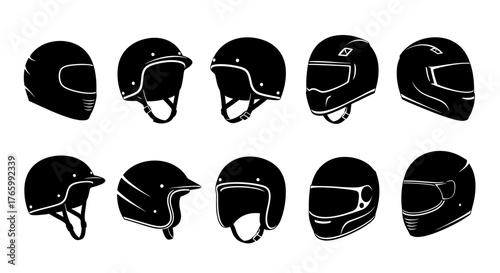Collection of motorcycle helmets for safety and style showcasing different designs, ideal for branding, logos, or promotional materials for riders