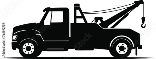 Silhouette of a tow truck isolated on white background, a powerful vehicle designed for towing or recovering disabled or impounded vehicles effectively