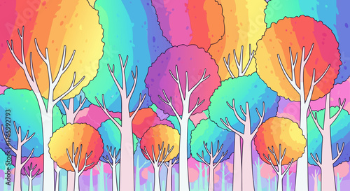 Colorful Forest Canopy with Abstract Trees and Vibrant Hues.