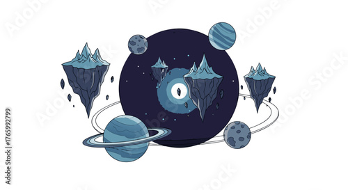 Cosmic Vinyl Record with Floating Islands and Planets.