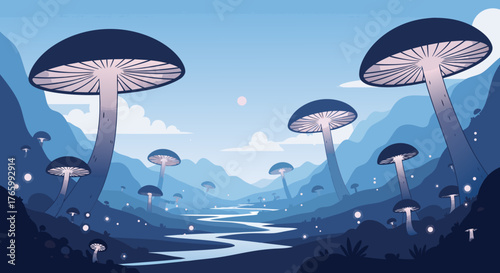 Enchanting Mushroom Landscape with a Winding River.