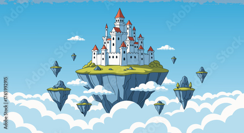 Fantasy Castle on Floating Island in Sky with Clouds.