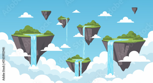 Fantasy Floating Islands with Cascading Waterfalls in a Dreamy Sky Landscape.