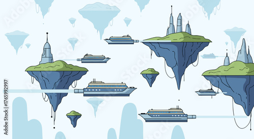 Floating Islands and Airships A Whimsical Sky City Illustration.