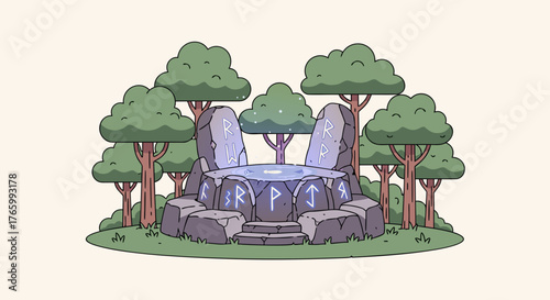Mystical Stone Altar with Runes in Enchanted Forest Clearing.