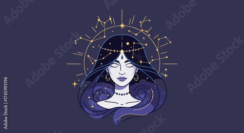 Mystical Woman with Constellations and Celestial Hair.