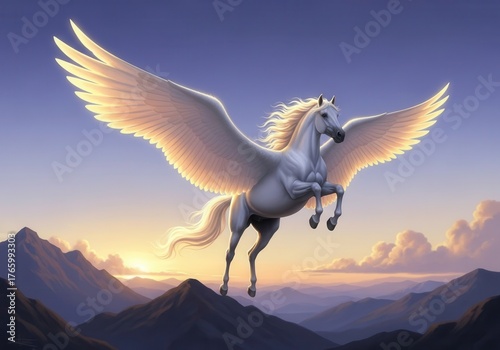 Wallpaper Mural A white pegasus flying over a mountain range at sunset Torontodigital.ca