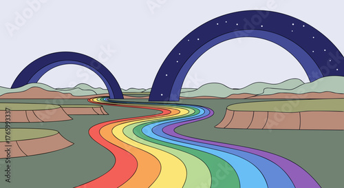 Rainbow River Flowing Under Starry Arches in a Dreamlike Landscape.