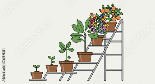 Plant growth stages from seedling to mature fruit bearing tree.