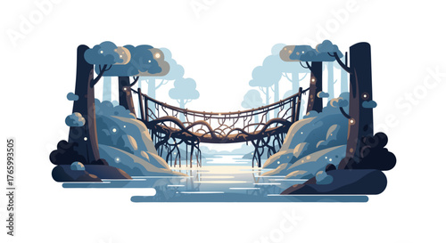 Suspension bridge over a river in a mystical forest landscape.