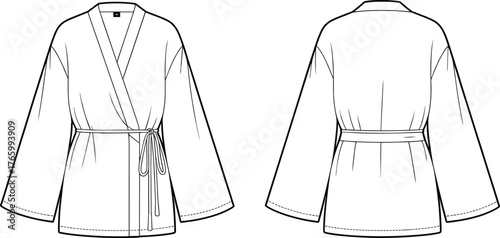 Kimono wrap top front and back view, long sleeve women fashion design, belt tied robe shirt CAD template, flat vector garment illustration