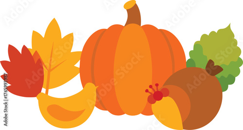 Thanksgiving day vector illustration bundle featuring turkey pumpkin autumn leaves and acorns scalable eps