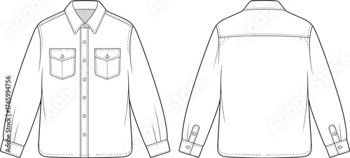 Long sleeve denim shirt flat sketch with double front pockets, button-down collar, cuff details, front and back view, apparel fashion design template, cad drawing flat vector illustration