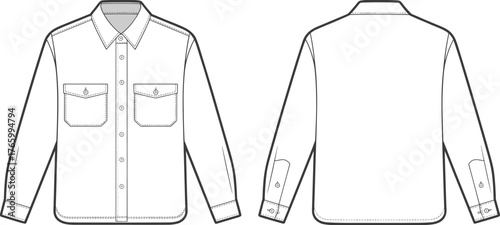 Long sleeve denim shirt technical flat sketch front and back view with chest pockets, button up collar design, apparel fashion template for clothing design, cad drawing flat vector illustration