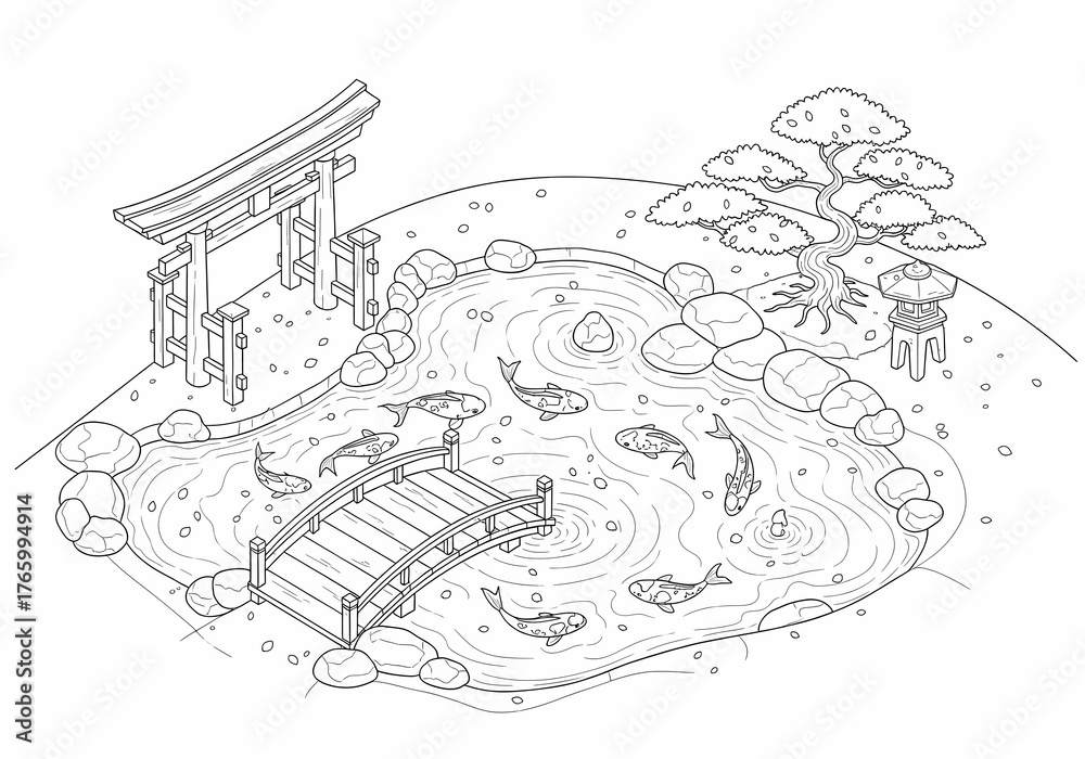 Obraz premium Isometric View of Japanese Garden with Koi Pond, Bridge, and Torii Gate