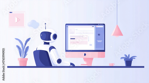 Robot managing email marketing campaign automation flat illustration 
