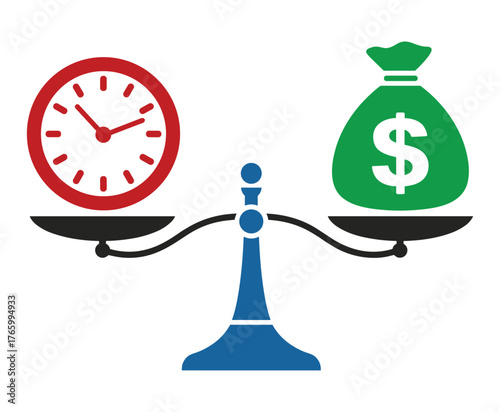 Time is money balanced scales vector graphic weighing clock against money bag illustration