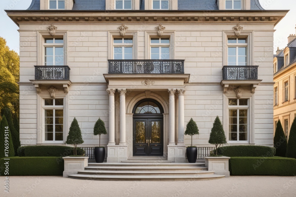 Obraz premium Prächtiges französisches Herrenhaus mit klassischer Architektur und gepflegtem Garten