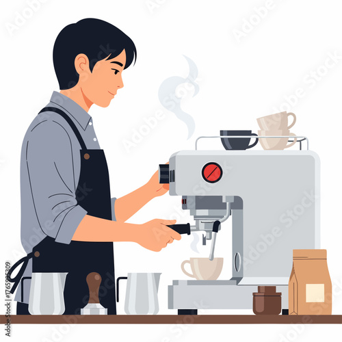 Skilled barista crafting perfect espresso with professional machine, creating rich aromatic coffee moments for customers enjoyment.