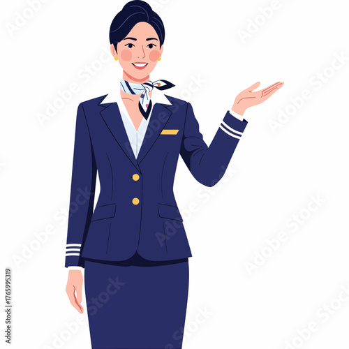 Charming flight attendant offers warm welcome with open hand gesture, ready to assist passengers