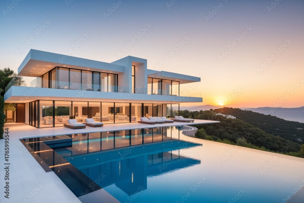 Fototapeta premium Luxuriöse moderne Villa mit Pool bei Sonnenuntergang und stilvollem Design