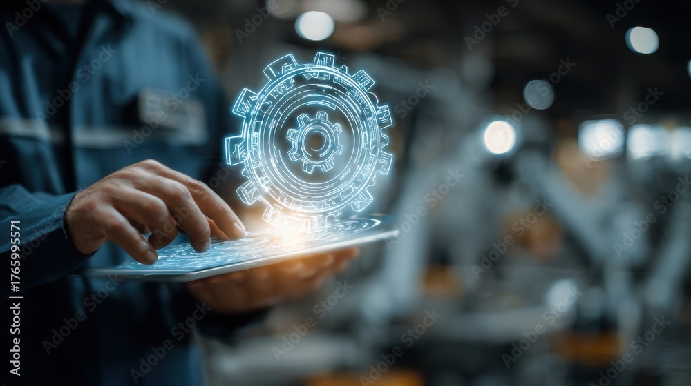 Obraz premium Engineer using tablet to control automated machinery in modern manufacturing facility