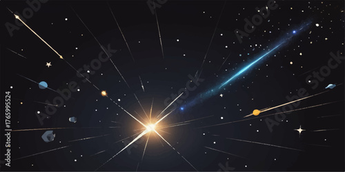 A starry blue abstract space background illustrates the galaxy's dark, glowing universe