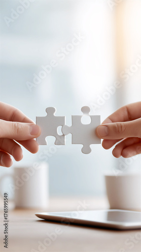 Two hands holding puzzle pieces close together, symbolizing teamwork, partnership, and cooperation in business concept.