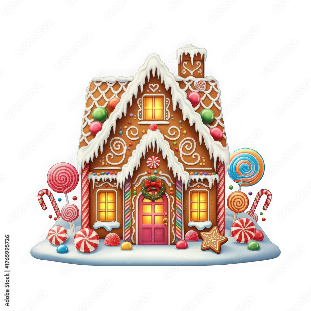 Naklejka premium An enchanting gingerbread house detailed with icing, candy canes, lollipops, and festive decorations, isolated on transparent background