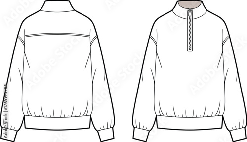 Half zip pullover sweatshirt technical flat, front and back fashion template, elastic hem cuffs, mock neck casual top, clean CAD garment illustration